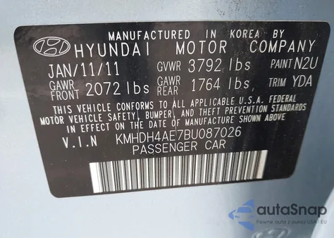 2011 Hyundai Elantra Limited (Ulsan Plant) from USA, damaged, VIN KMHDH4AE7BU087026